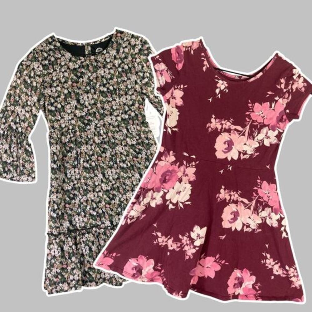 Set of 2 Girls' Floral Dresses Size L Bell Sleeve Casual Cute